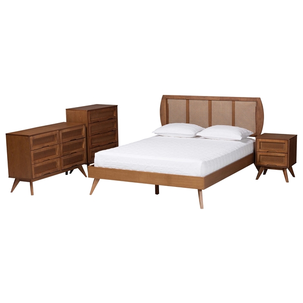 baxton studio Baxton Studio Asami Mid-Century Modern Walnut Brown Finished Wood and Woven Rattan King Size 4-Piece Bedroom Set