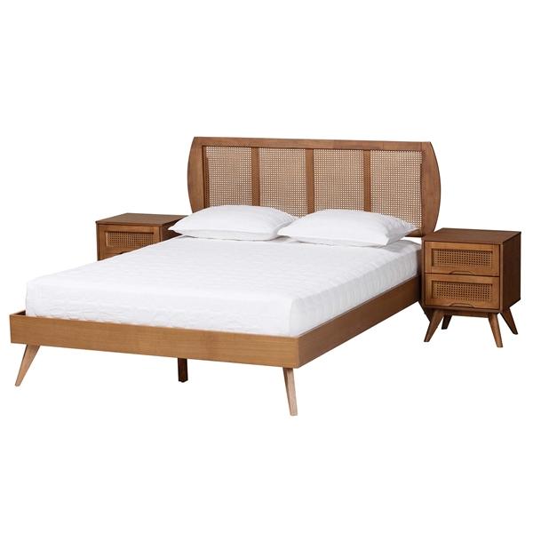 baxton studio Baxton Studio Asami Mid-Century Modern Walnut Brown Finished Wood and Woven Rattan King Size 3-Piece Bedroom Set