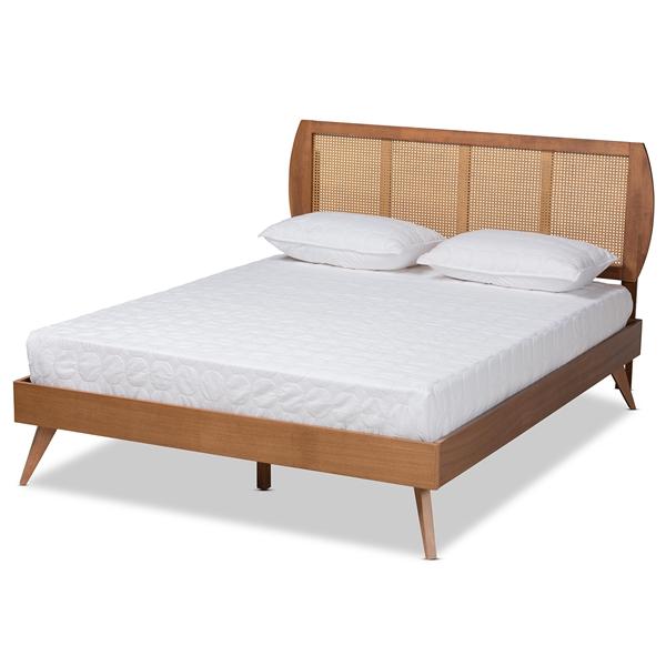 baxton studio Baxton Studio Asami Mid-Century Modern Walnut Brown Finished Wood and Synthetic Rattan Queen Size Platform Bed