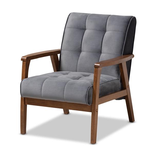 baxton studio Baxton Studio Asta Mid-Century Modern Grey Velvet Fabric Upholstered Walnut Finished Wood Armchair