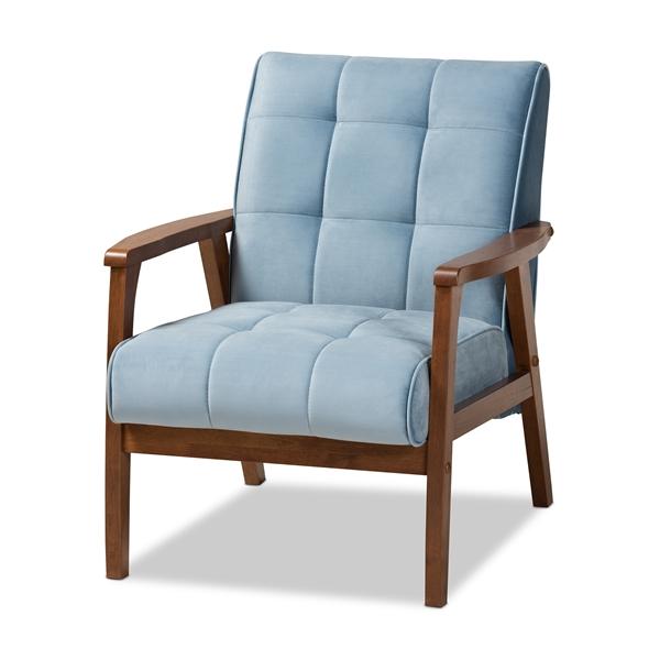 baxton studio Baxton Studio Asta Mid-Century Modern Light Blue Velvet Fabric Upholstered Walnut Finished Wood Armchair