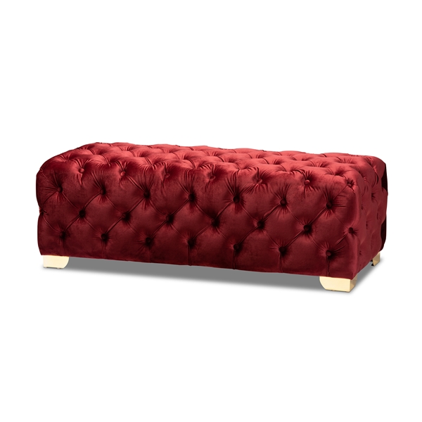 baxton studio Baxton Studio Avara Glam and Luxe Burgundy Velvet Fabric Upholstered Gold Finished Button Tufted Bench Ottoman