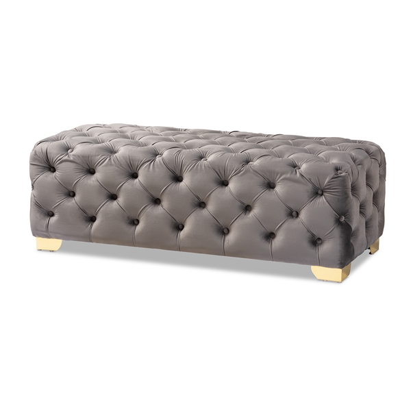 baxton studio Baxton Studio Avara Glam and Luxe Gray Velvet Fabric Upholstered Gold Finished Button Tufted Bench Ottoman