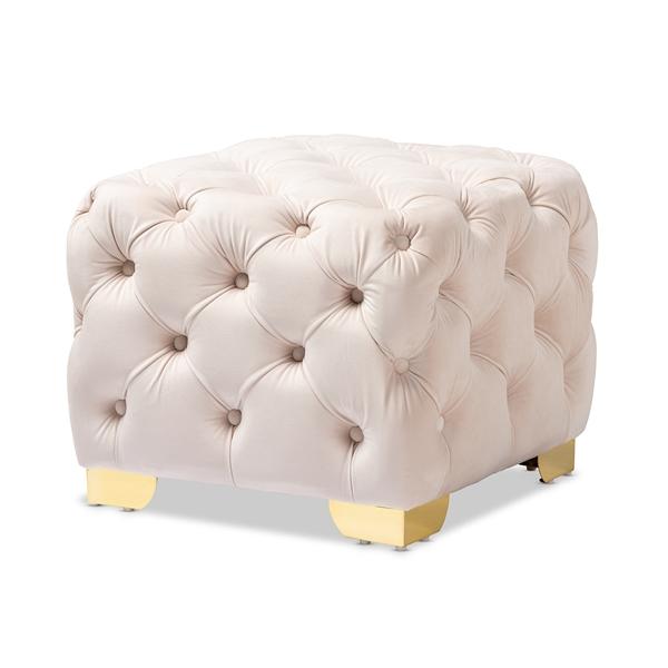 baxton studio Baxton Studio Avara Glam and Luxe Light Beige Velvet Fabric Upholstered Gold Finished Button Tufted Ottoman