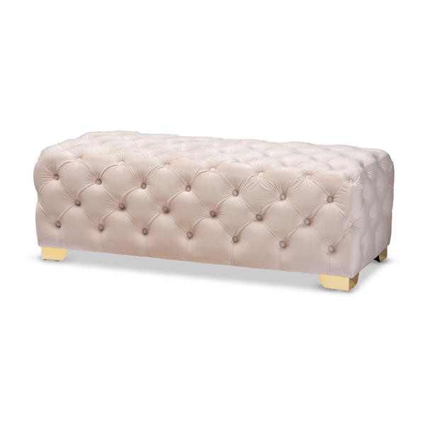 baxton studio Baxton Studio Avara Glam and Luxe Light Beige Velvet Fabric Upholstered Gold Finished Button Tufted Bench Ottoman