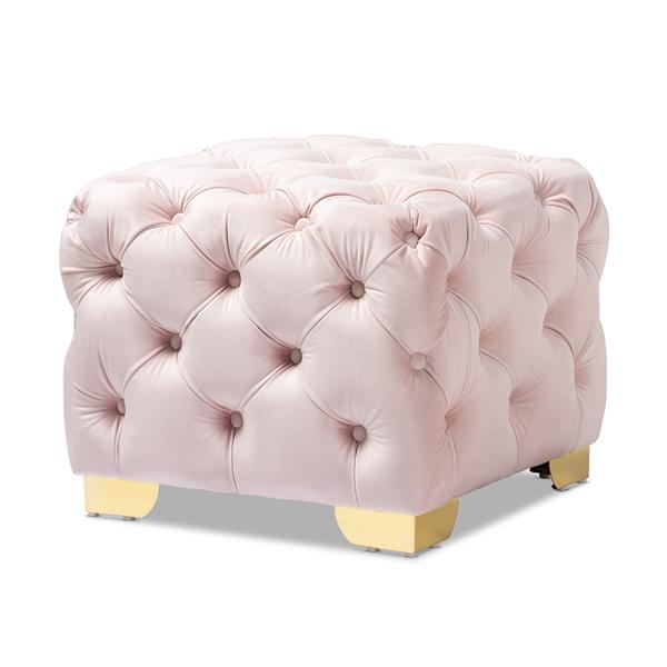 baxton studio Baxton Studio Avara Glam and Luxe Light Pink Velvet Fabric Upholstered Gold Finished Button Tufted Ottoman