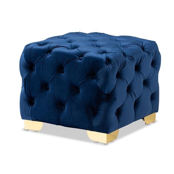 baxton studio Baxton Studio Avara Glam and Luxe Royal Blue Velvet Fabric Upholstered Gold Finished Button Tufted Ottoman