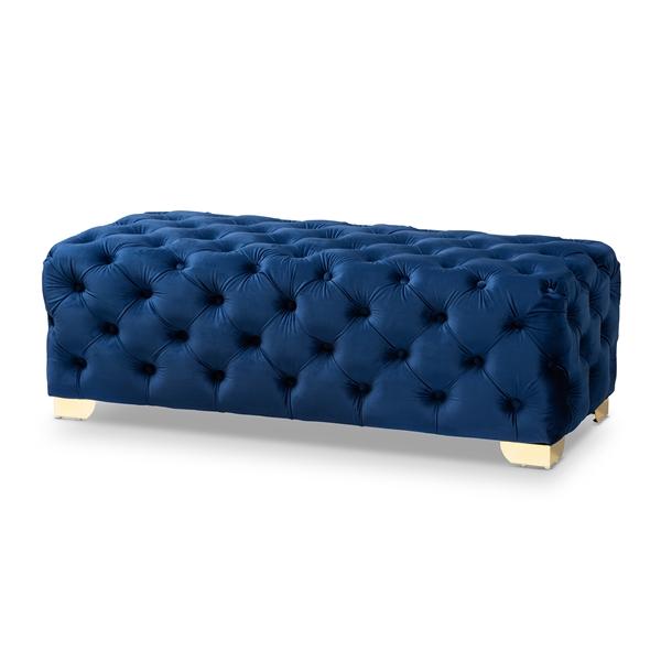 baxton studio Baxton Studio Avara Glam and Luxe Royal Blue Velvet Fabric Upholstered Gold Finished Button Tufted Bench Ottoman