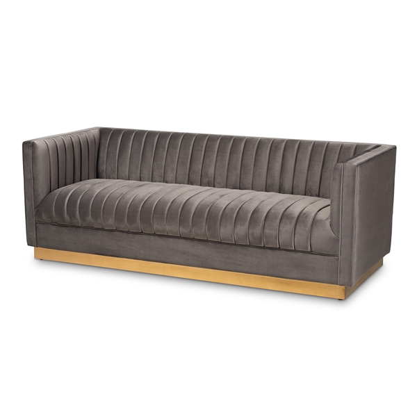 baxton studio Baxton Studio Aveline Glam and Luxe Grey Velvet Fabric Upholstered Brushed Gold Finished Sofa