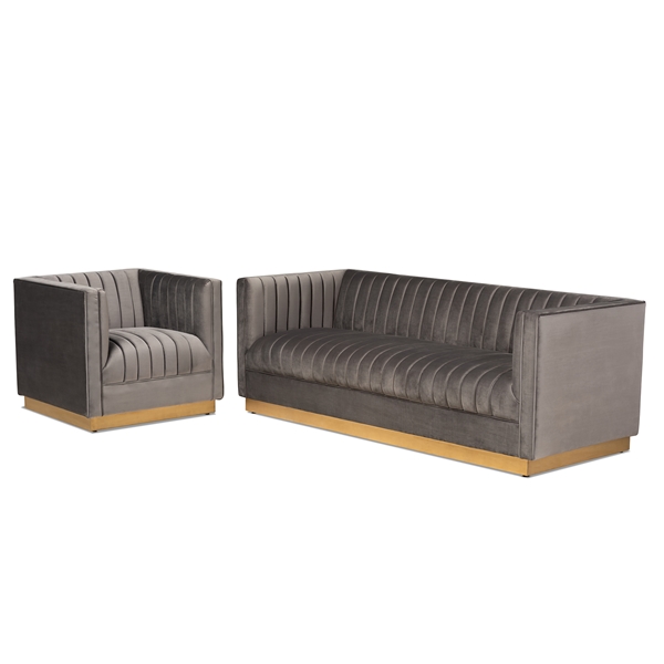 baxton studio Baxton Studio Aveline Glam and Luxe Grey Velvet Fabric Upholstered Brushed Gold Finished 2-Piece Living Room Set