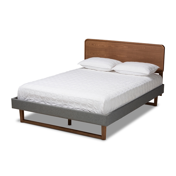 baxton studio Baxton Studio Ayla Mid-Century Modern Dark Grey Fabric Upholstered Walnut Brown Finished Wood Queen Size Platform Bed