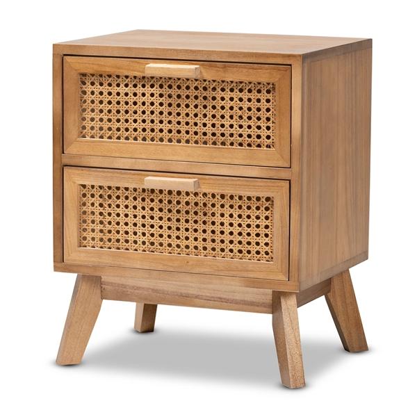 baxton studio Baxton Studio Baden Mid-Century Modern Walnut Brown Finished Wood 2-Drawer End Table with Rattan