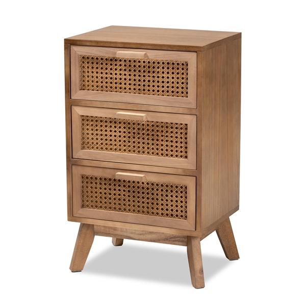 baxton studio Baxton Studio Baden Mid-Century Modern Walnut Brown Finished Wood 3-Drawer End Table with Rattan