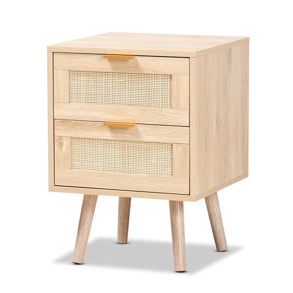 baxton studio Baxton Studio Baird Mid-Century Modern Light Oak Brown Finished Wood and Rattan 2-Drawer End Table