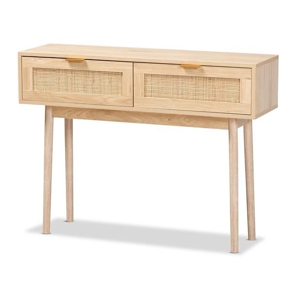 baxton studio Baxton Studio Baird Mid-Century Modern Light Oak Brown Finished Wood and Rattan 2-Drawer Console Table