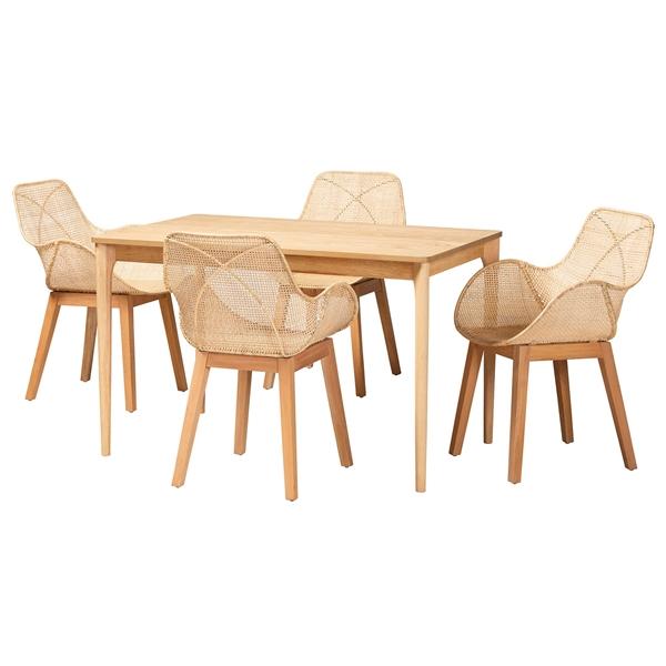 baxton studio Baxton Studio Ballerina Japandi Natural Brown Mahogany Wood and Rattan 5-Piece Dining Set