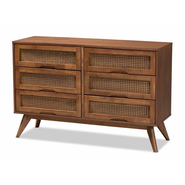 baxton studio Baxton Studio Barrett Mid-Century Modern Walnut Brown Finished Wood and Synthetic Rattan 6-Drawer Dresser