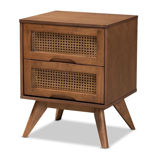 baxton studio Baxton Studio Barrett Mid-Century Modern Walnut Brown Finished Wood and Synthetic Rattan 2-Drawer Nightstand
