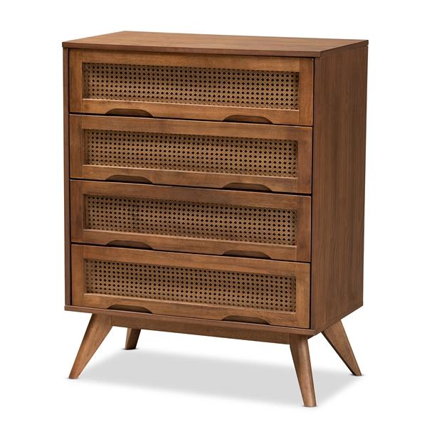 baxton studio Baxton Studio Barrett Mid-Century Modern Walnut Brown Finished Wood and Synthetic Rattan 4-Drawer Chest