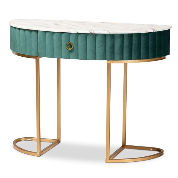 baxton studio Baxton Studio Beale Luxe and Glam Green Velvet Upholstered and Brushed Gold Finished 1-Drawer Console Table with Faux Marble Tabletop