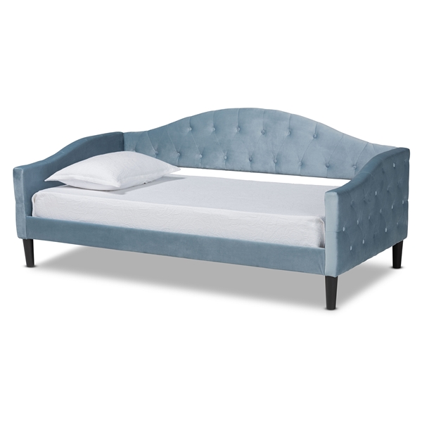 baxton studio Baxton Studio Benjamin Modern and Contemporary Light Blue Velvet Fabric Upholstered and Dark Brown Finished Wood Twin Size Daybed