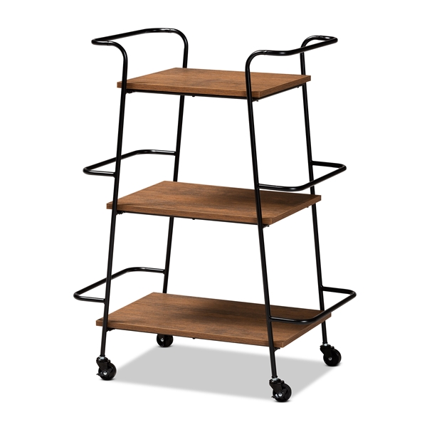 baxton studio Baxton Studio Bernard Rustic Industrial Black Metal and Walnut Finished Wood 3-Tier Small Mobile Wine Bar Cart