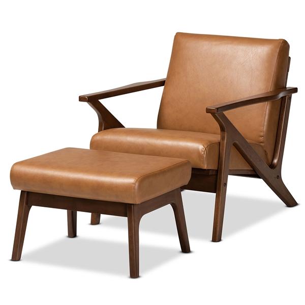 baxton studio Baxton Studio Bianca Mid-Century Modern Walnut Brown Finished Wood and Tan Faux Leather Effect 2-Piece Lounge chair and Ottoman Set