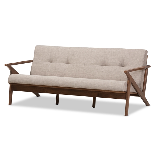 baxton studio Baxton Studio Bianca Mid-Century Modern Walnut Wood Light Grey Fabric Tufted 3-Seater Sofa