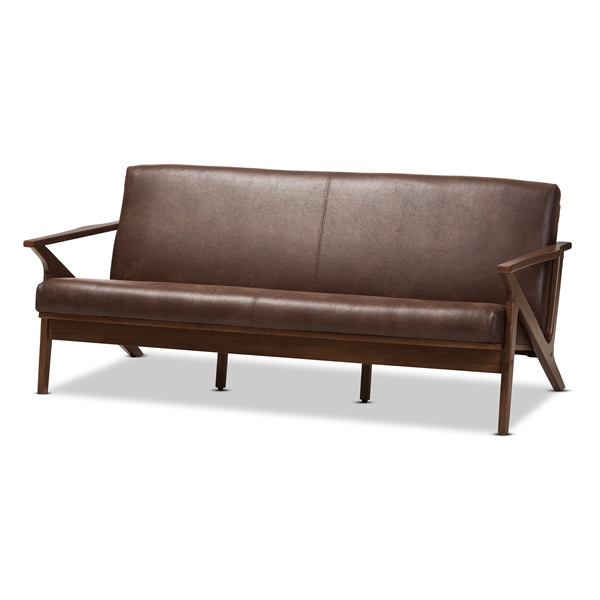 baxton studio Baxton Studio Bianca Mid-Century Modern Walnut Wood Dark Brown Distressed Faux Leather 3-Seater Sofa