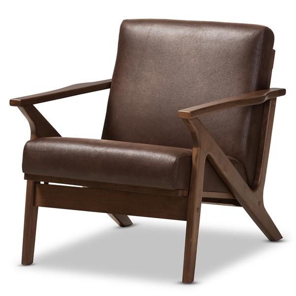 baxton studio Baxton Studio Bianca Mid-Century Modern Walnut Wood Dark Brown Distressed Faux Leather Lounge Chair