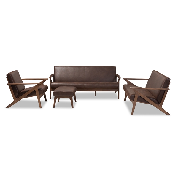 baxton studio Baxton Studio Bianca Mid-Century Modern Walnut Wood Dark Brown Distressed Faux Leather Livingroom Sofa Set