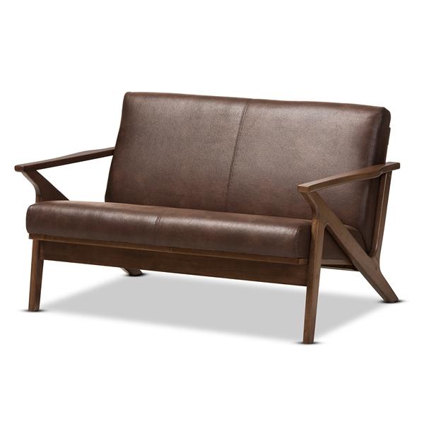 baxton studio Baxton Studio Bianca Mid-Century Modern Walnut Wood Dark Brown Distressed Faux Leather 2-Seater Loveseat