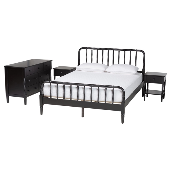 baxton studio Baxton Studio Braith Farmhouse Black Spindle Wood King Size 4-Piece Bedroom Set with Two Nightstands