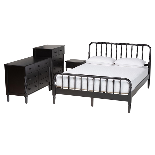 baxton studio Baxton Studio Braith Farmhouse Black Spindle Wood Queen Size 4-Piece Bedroom Set