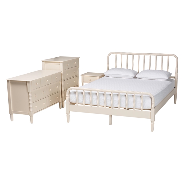 baxton studio Baxton Studio Braith Farmhouse Ivory Spindle Wood Queen Size 4-Piece Bedroom Set