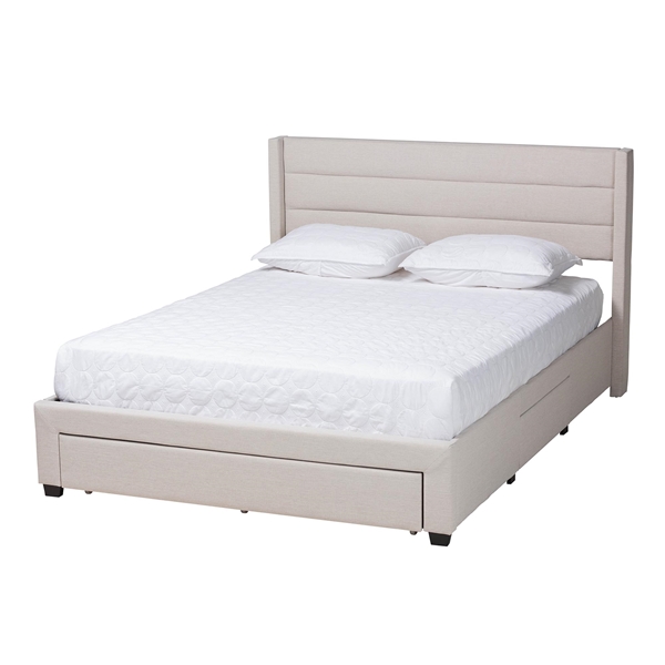 baxton studio Baxton Studio Braylon Mid-Century Modern Transitional Beige Fabric and Dark Brown Finished Wood Queen Size 3-Drawer Storage Platform Bed