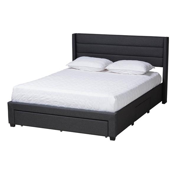 baxton studio Baxton Studio Braylon Mid-Century Modern Transitional Charcoal Grey Fabric and Dark Brown Finished Wood Full Size 3-Drawer Storage Platform Bed