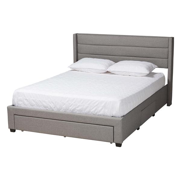baxton studio Baxton Studio Braylon Mid-Century Modern Transitional Light Grey Fabric and Dark Brown Finished Wood Queen Size 3-Drawer Storage Platform Bed