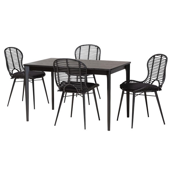 baxton studio Baxton Studio Brenna Modern Bohemian Black Finished Wood and Rattan 5-Piece Dining Set
