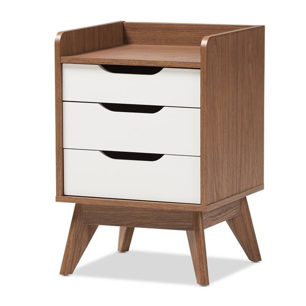 baxton studio Baxton Studio Brighton Mid-Century Modern White and Walnut Wood 3-Drawer Storage Nightstand
