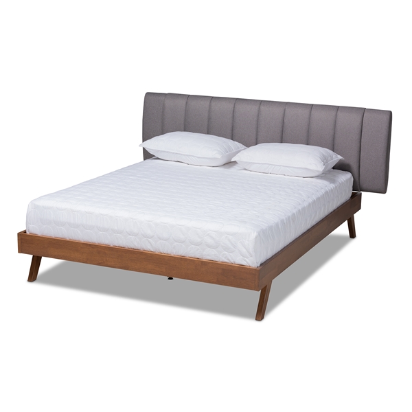 baxton studio Baxton Studio Brita Mid-Century Modern Grey Fabric Upholstered Walnut Finished Wood King Size Bed