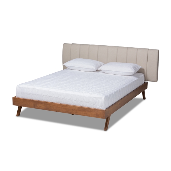 baxton studio Baxton Studio Brita Mid-Century Modern Light Beige Fabric Upholstered Walnut Finished Wood Queen Size Bed