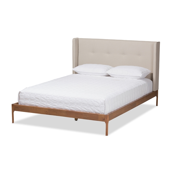 baxton studio Baxton Studio Brooklyn Mid-Century Modern Walnut Wood Beige Fabric Queen Size Platform Bed
