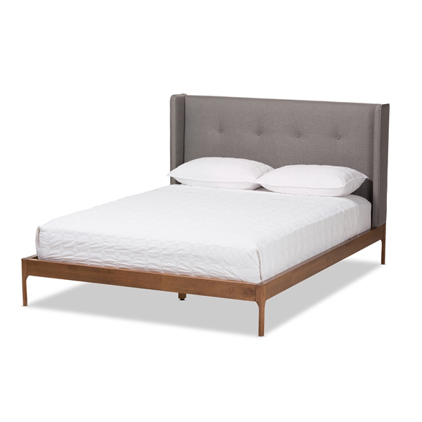 baxton studio Baxton Studio Brooklyn Mid-Century Modern Walnut Wood Grey Fabric King Size Platform Bed