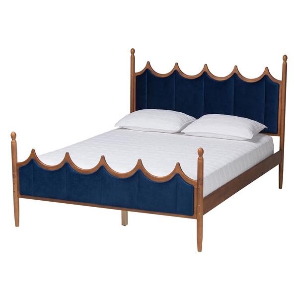 baxton studio Baxton Studio Calgary Retro-Modern Royal Blue Velvet Fabric and Walnut Brown Wood Queen Size Platform Bed