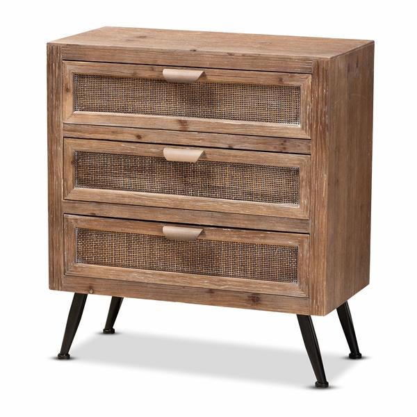 baxton studio Baxton Studio Calida Mid-Century Modern Whitewashed Natural Brown Finished Wood and Rattan 3-Drawer Storage Cabinet