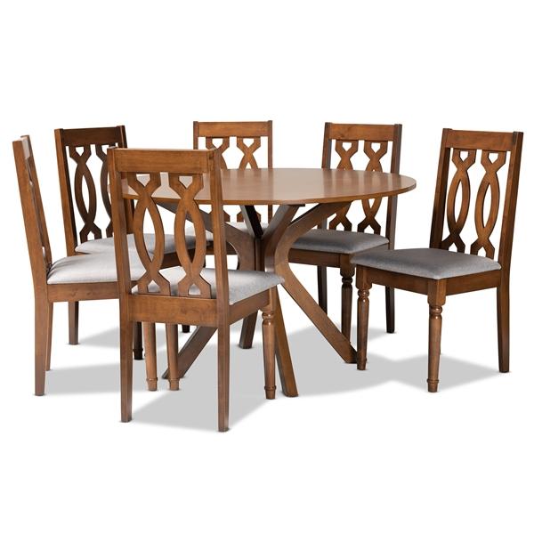 baxton studio Baxton Studio Callie Modern and Contemporary Grey Fabric Upholstered and Walnut Brown Finished Wood 7-Piece Dining Set