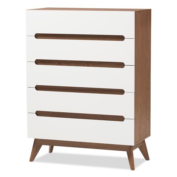 baxton studio Baxton Studio Calypso Mid-Century Modern White and Walnut Wood 5-Drawer Storage Chest