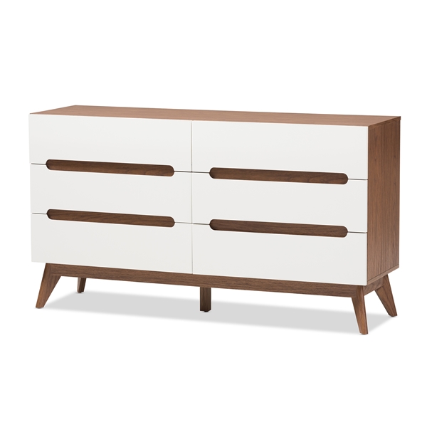baxton studio Baxton Studio Calypso Mid-Century Modern White and Walnut Wood 6-Drawer Storage Dresser