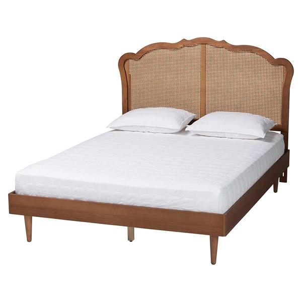 baxton studio Baxton Studio Camden Mid-Century Walnut Brown Wood and Rattan Queen Size Platform Bed